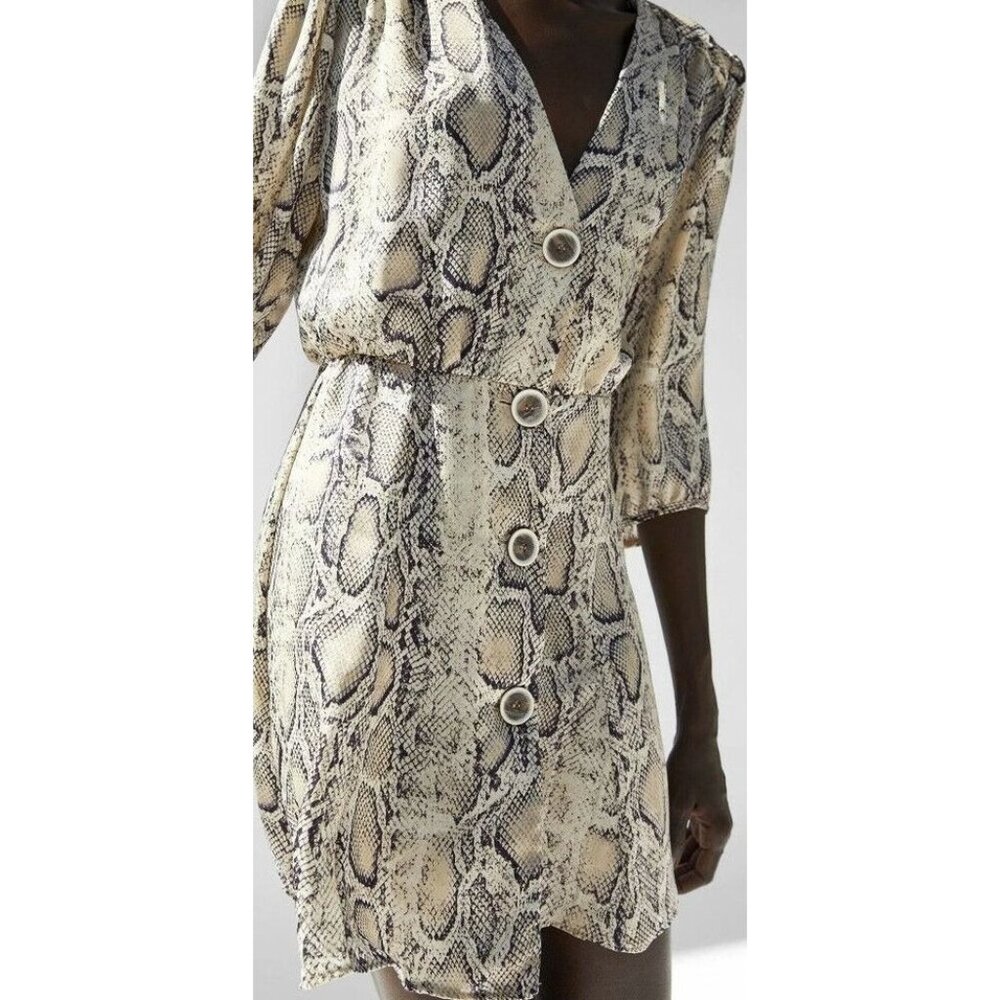 Snake Print Button-Front V-Neck Mini Dress With Puff Sleeves By Zara Basic